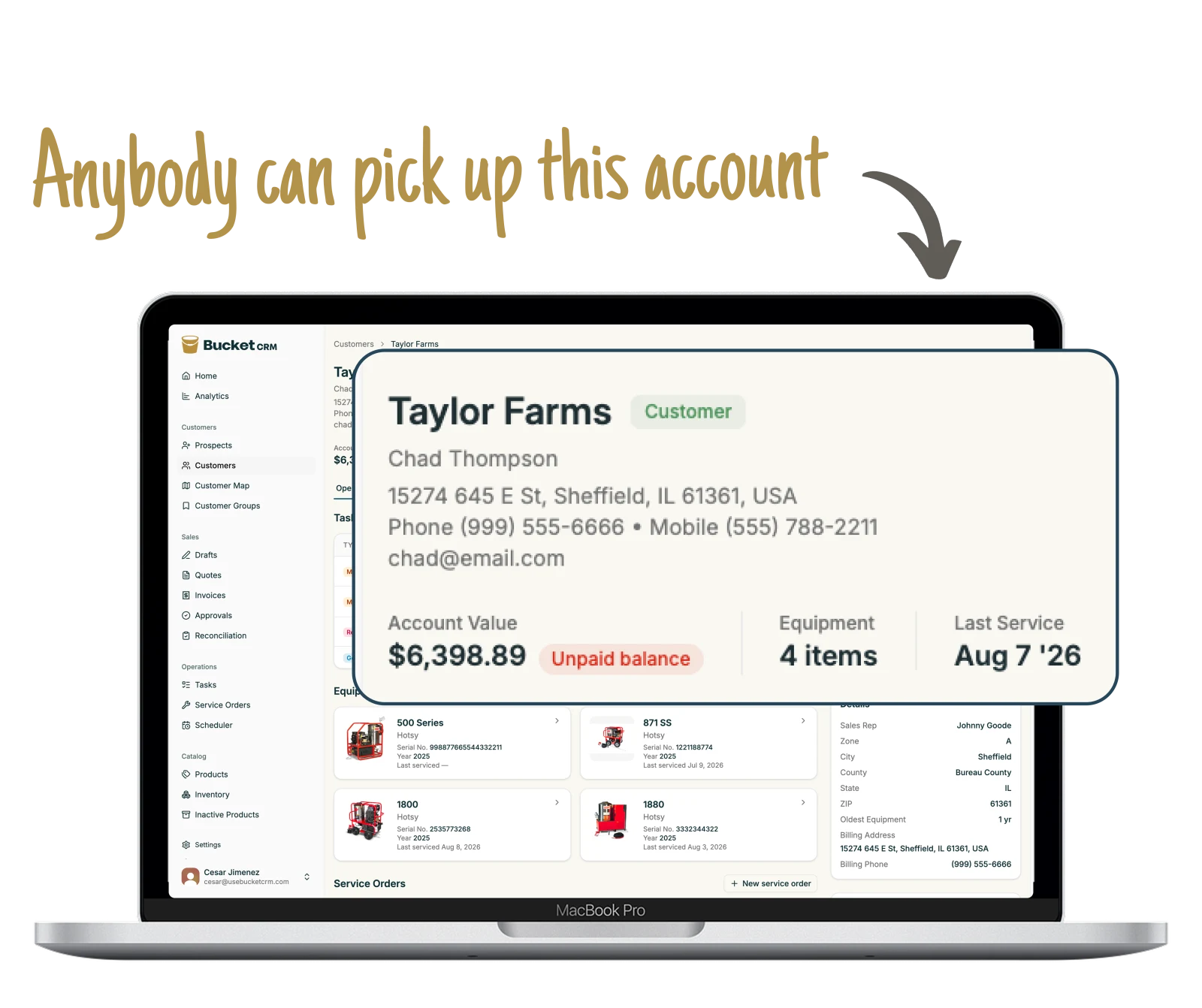 A customer account showing contact details, account value, equipment, and last service date.