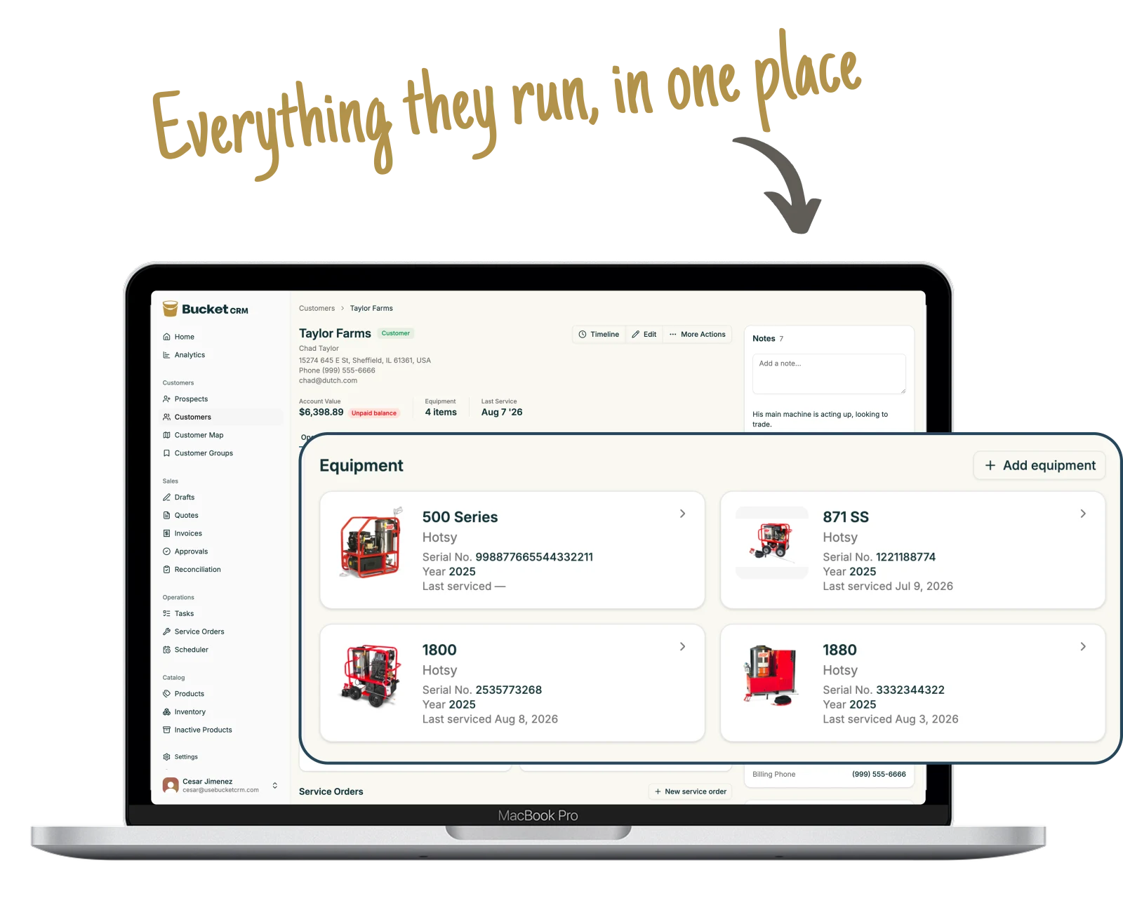 The machines on a customer account with models, serial numbers, years, and last service dates.