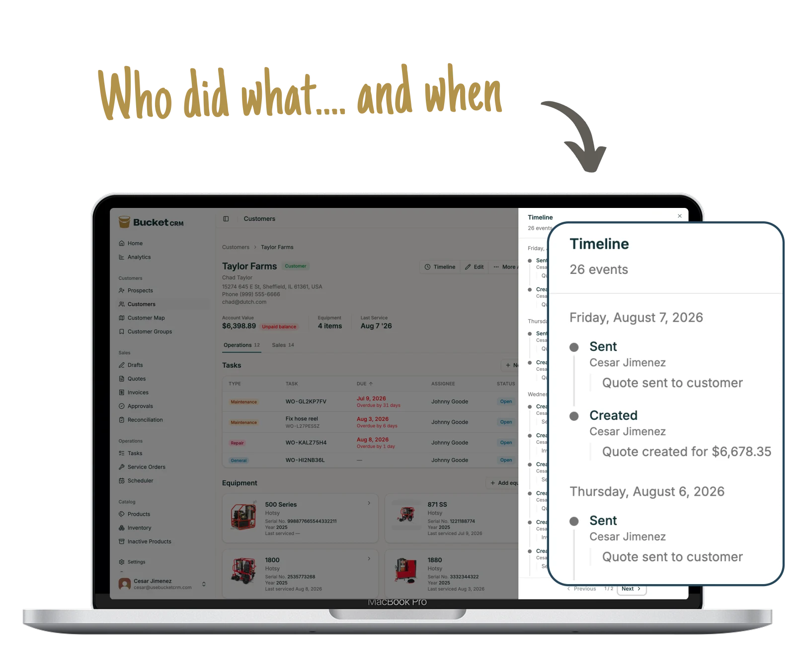 A customer timeline showing who created and sent each quote and when it happened.