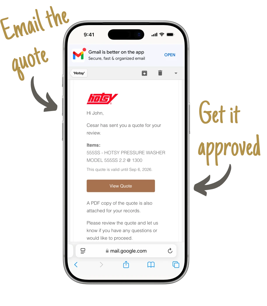 A branded Hotsy email with a quote link and an attached PDF copy.