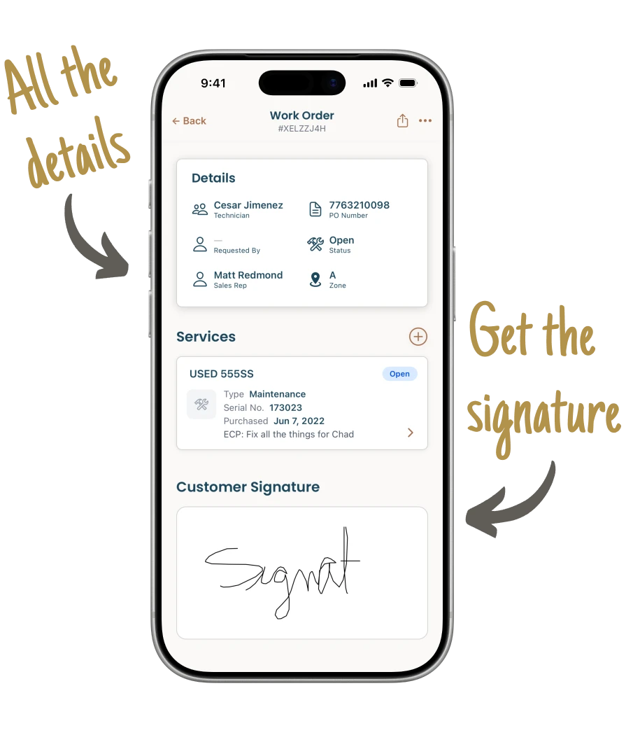A customer signing a service order on the technician's phone.
