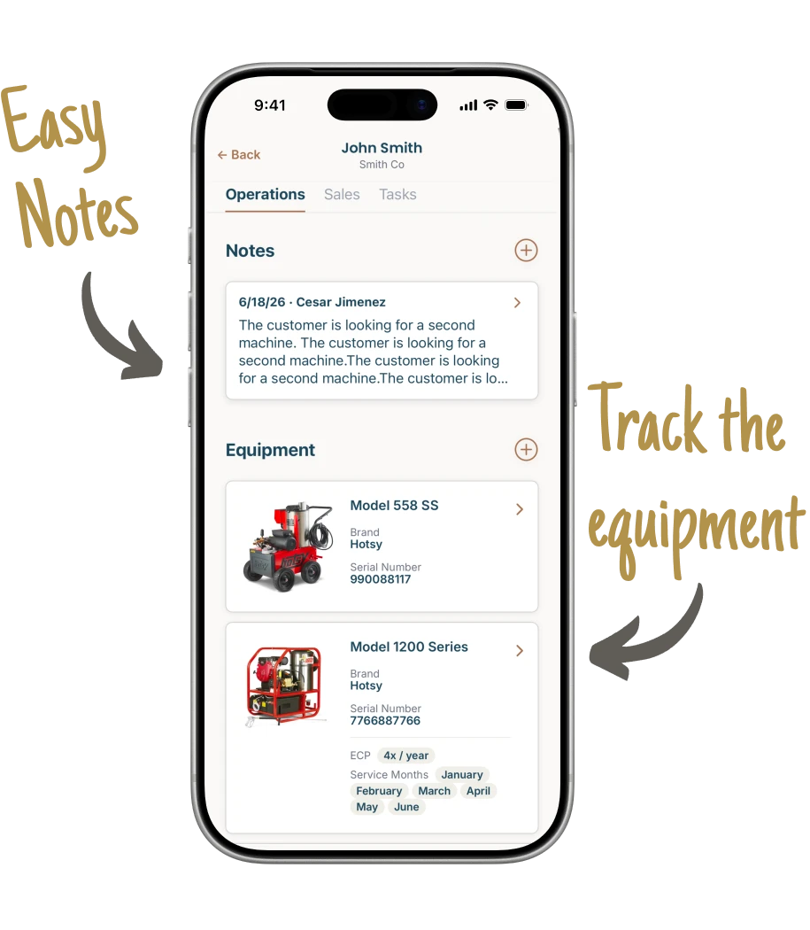 A customer record on a phone showing service notes and the customer's equipment.