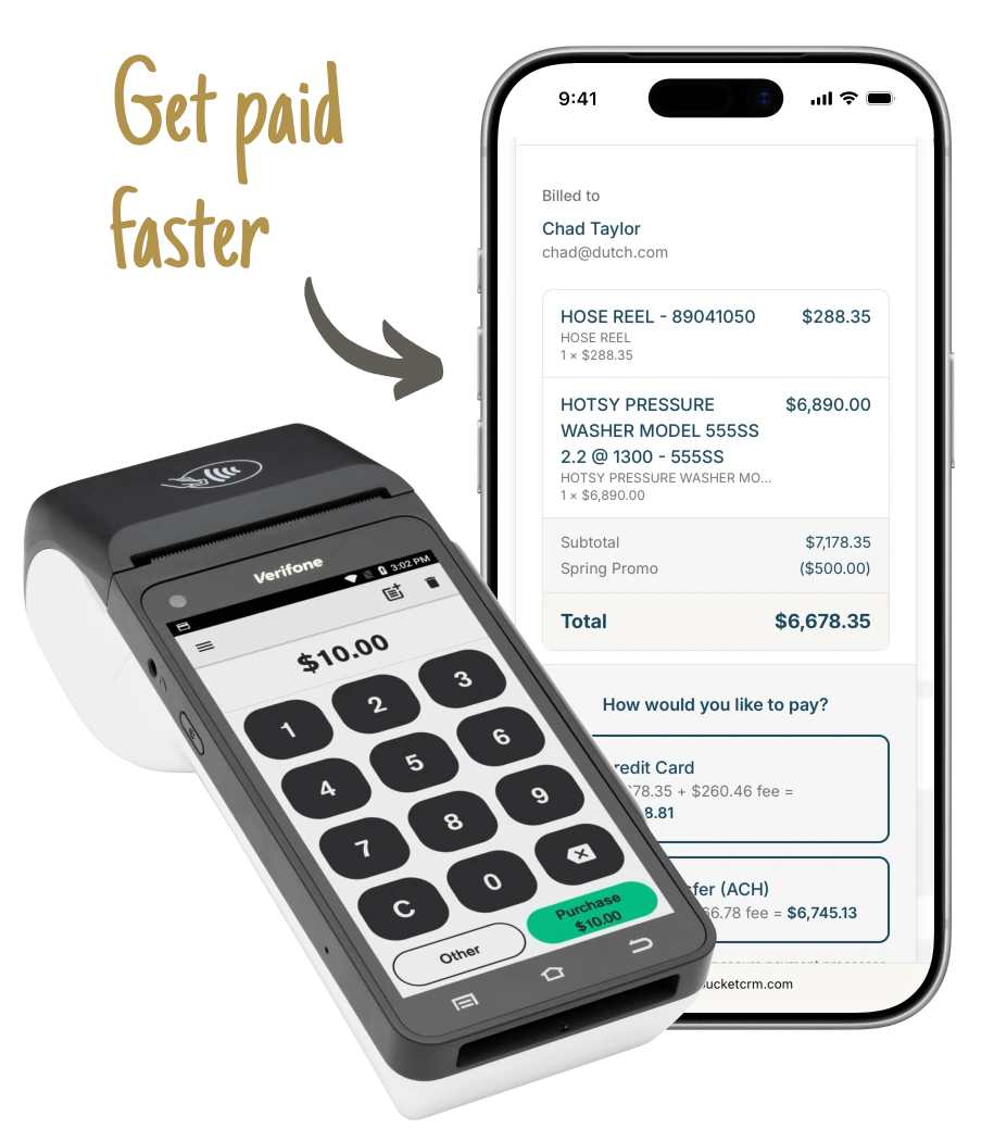 A customer invoice payment page beside the free card terminal included with Bucket.