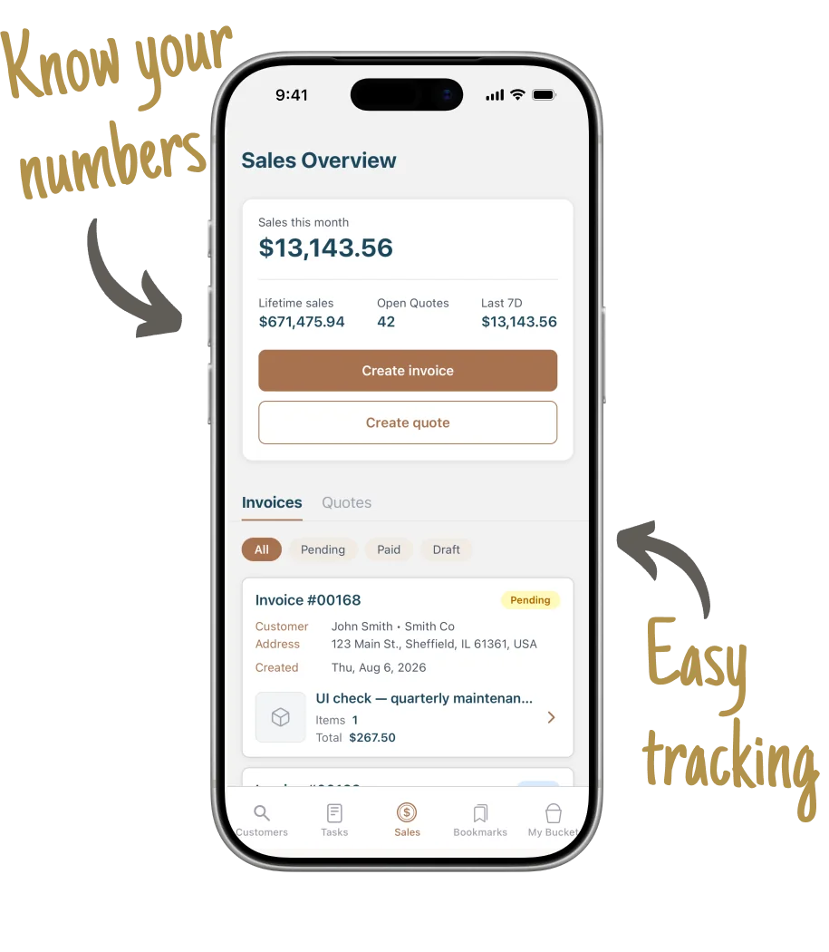 The Sales Overview and invoice list showing sales totals and invoice status filters.
