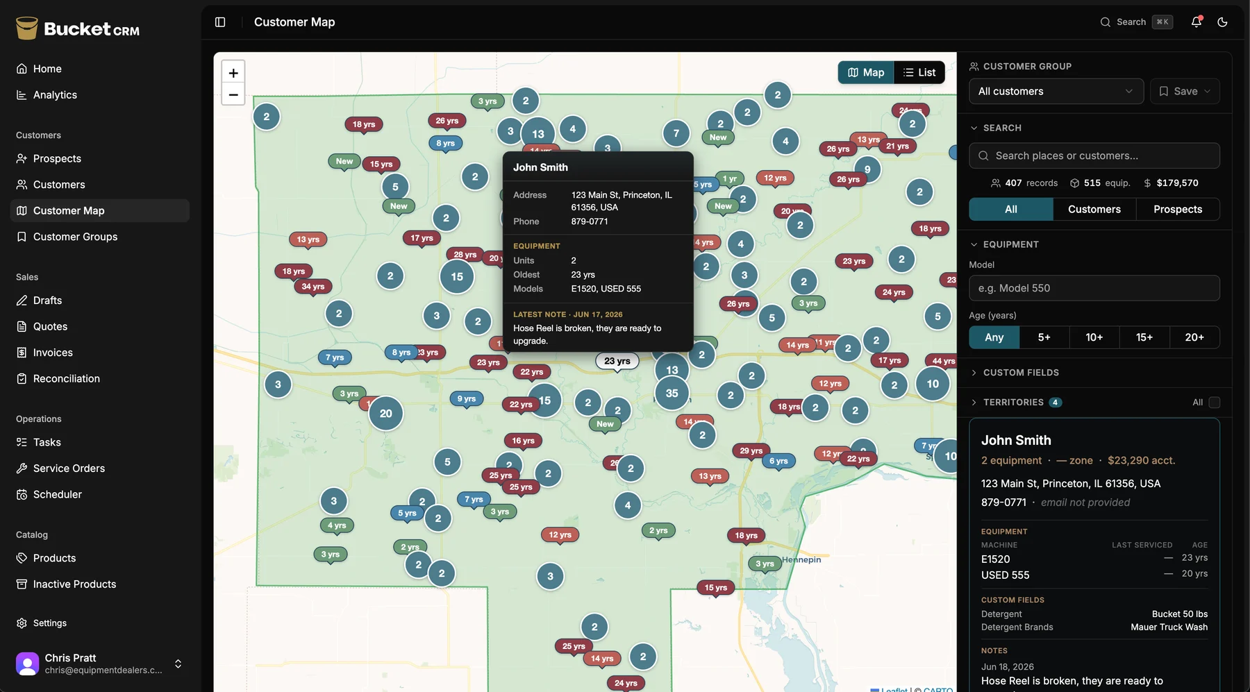 The Opportunity Map — a dealer's territory with customer pins color-coded by equipment age; red pins mark machines over ten years old that are ready to upgrade.