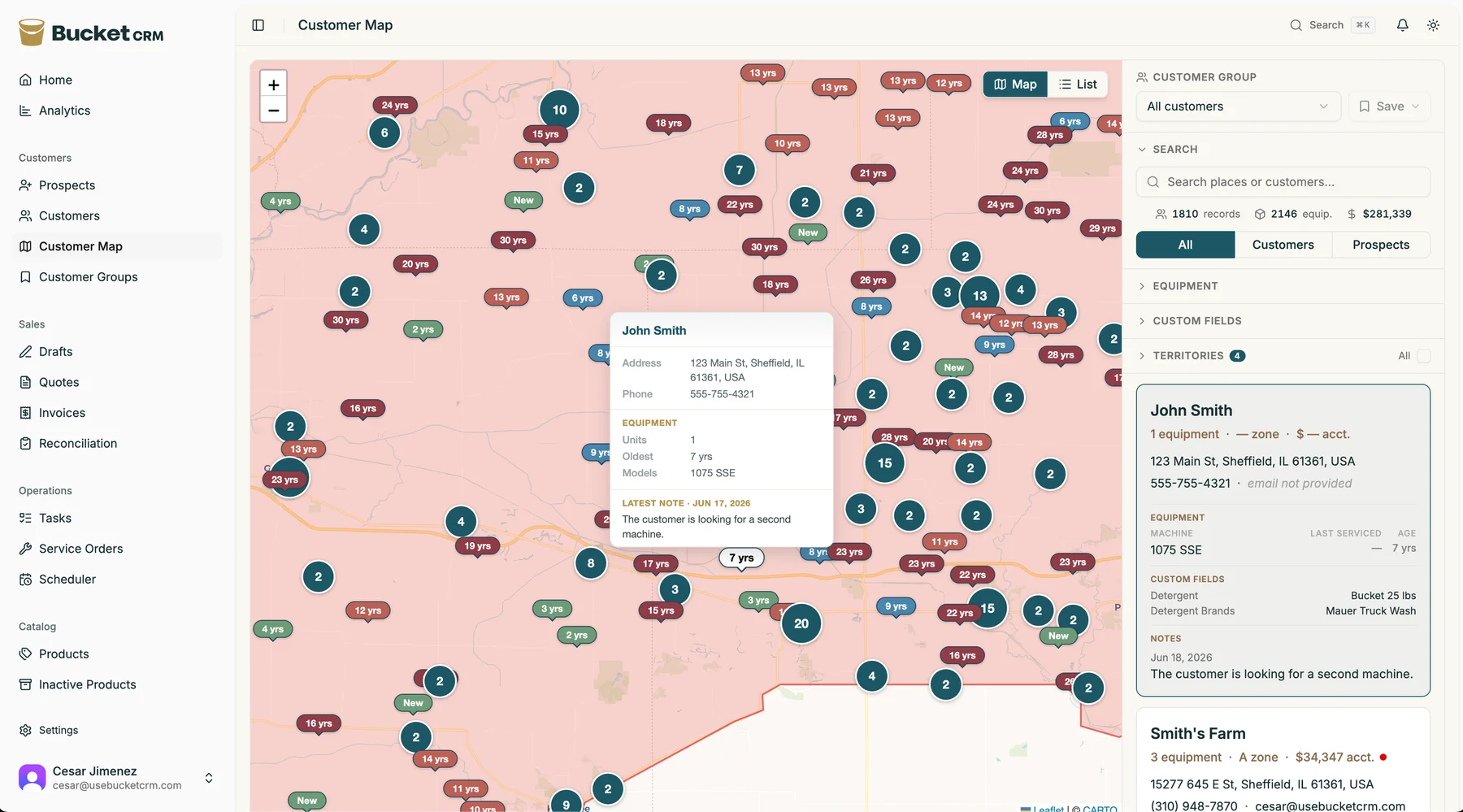 The Opportunity Map inside Bucket, with a dealer's customers plotted and aging machines flagged
