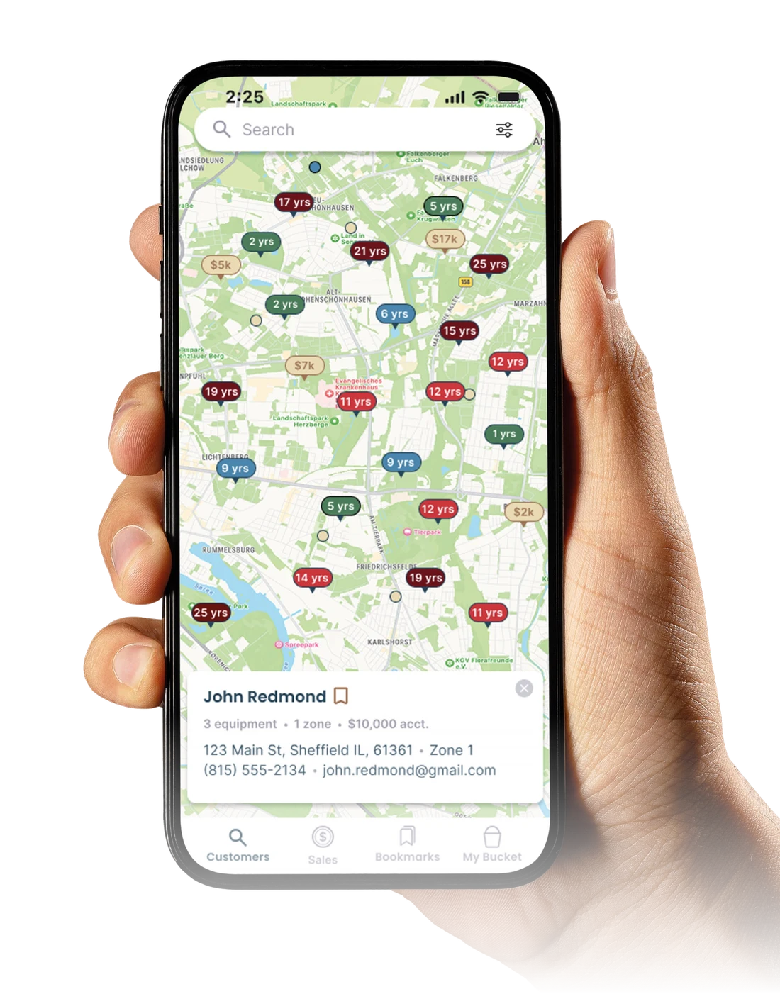 The Opportunity Map in the Bucket CRM app: a dealer's territory with customers color-coded by equipment age, the oldest machines flagged as ready to upgrade.