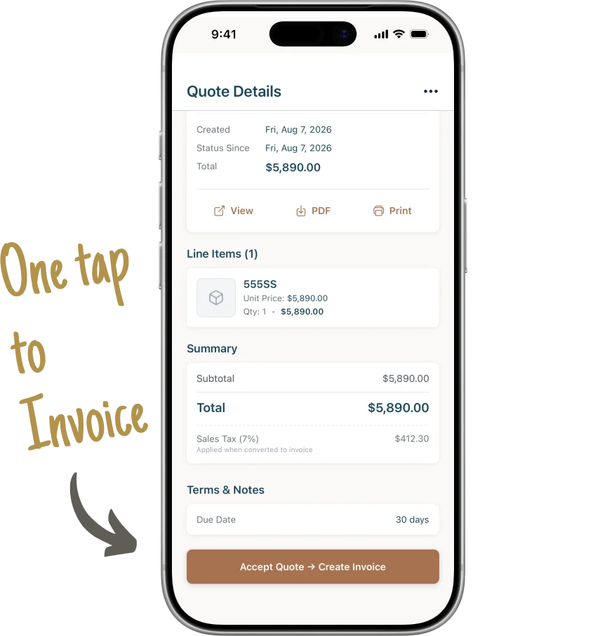 A quote on a phone with the button that accepts it and creates the invoice.