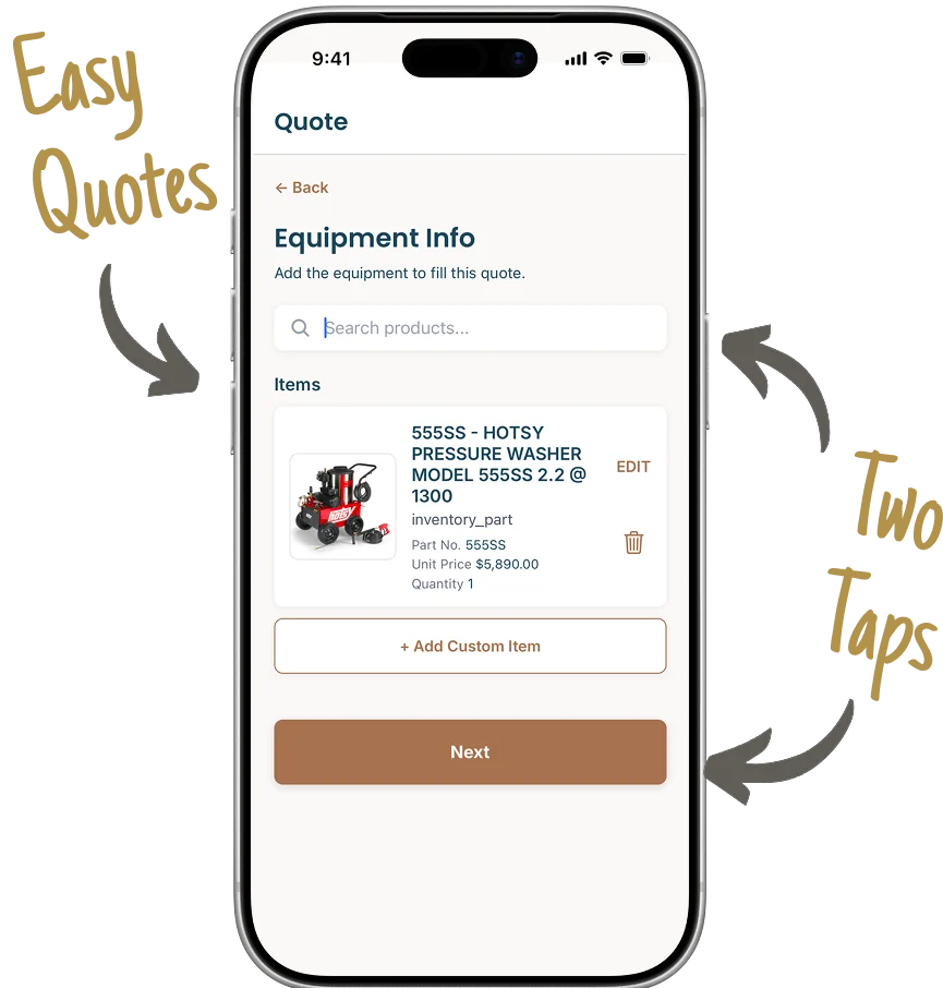 A quote being built on a phone: a machine added as a line item, then the summary with discount, tax and payment terms.