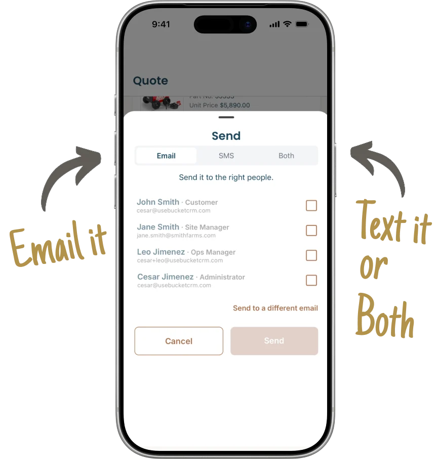 The send sheet on a phone, with email, SMS or both, and the contacts to send to.