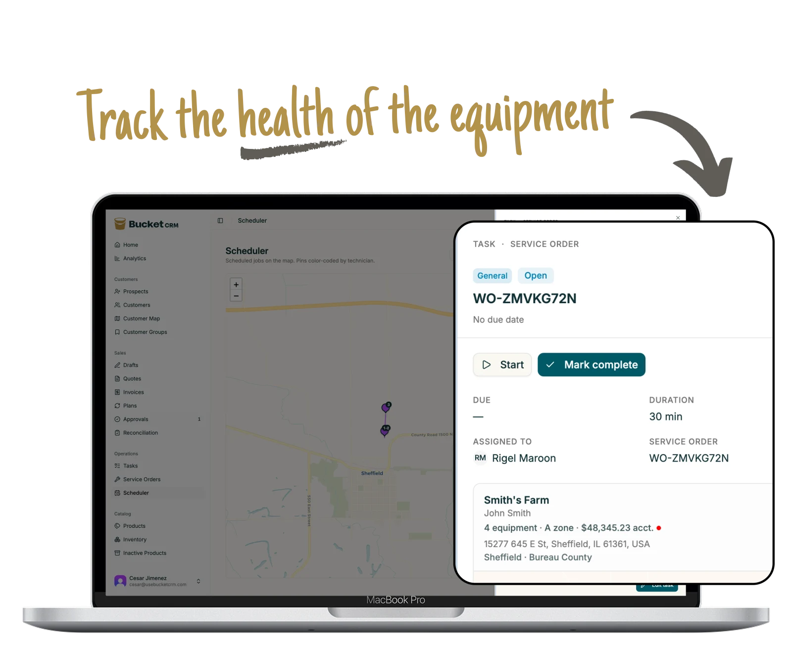 A service task with start and complete controls, the assigned technician, and equipment account details.
